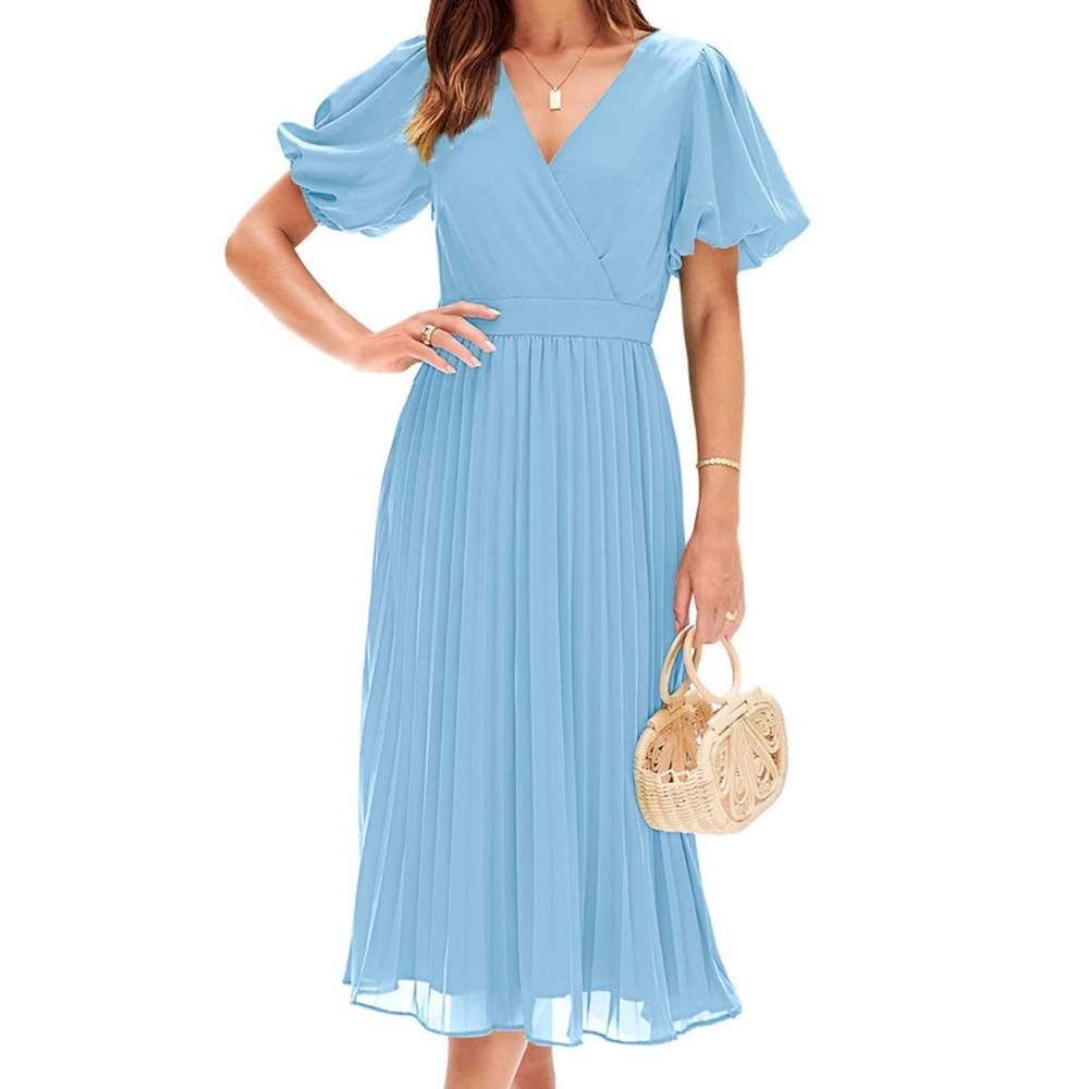 Merokeety Wrap V-Neck Short Sleeve Pleated Midi Dress
